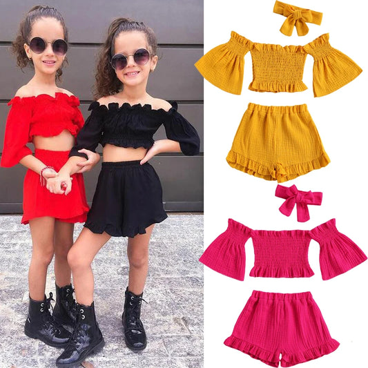 1-6Y Summer Fashion Kid Baby Girls Clothes Sets Short Sleeve Off Shoulder Crop Tops Shorts Headband 3Pcs Outfit Sets